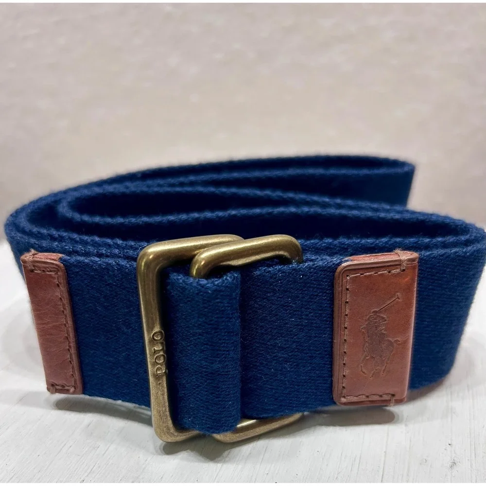 Polo Ralph Lauren Mens Navy Blue Webbing D-Ring Belt Leather Trim DNS4005 Size S